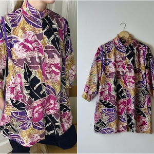 80s puff sleeve blouse cotton abstract floral print vintage image 1