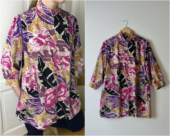 80s puff sleeve blouse cotton abstract floral pri… - image 1