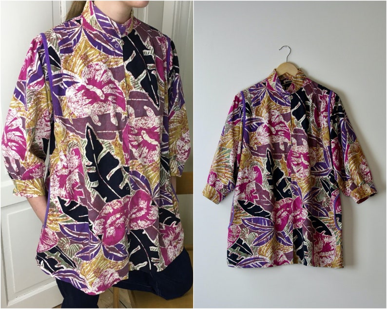 80s puff sleeve blouse cotton abstract floral print vintage image 1