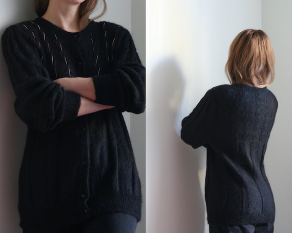 black puff sleeve mohair cardigan women/vintage/lo