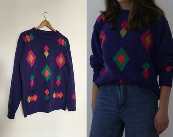 vintage crew neck sweater cotton women/violet rhombus sweater