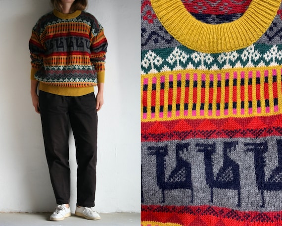 vintage novelty wool sweater unisex/yellow hunting