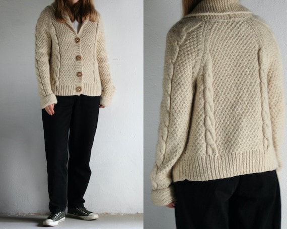 cable knit cropped cardigan wool/white/women/vinta
