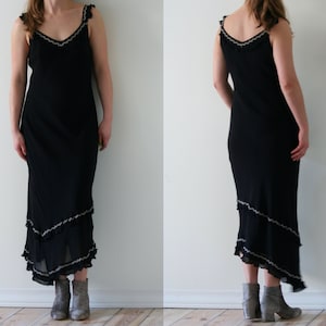 black asymmetric maxi dress/embroidery/vintage ruffles dress