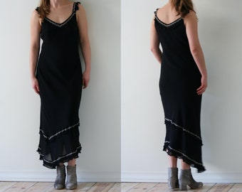 black asymmetric maxi dress/embroidery/vintage ruffles dress