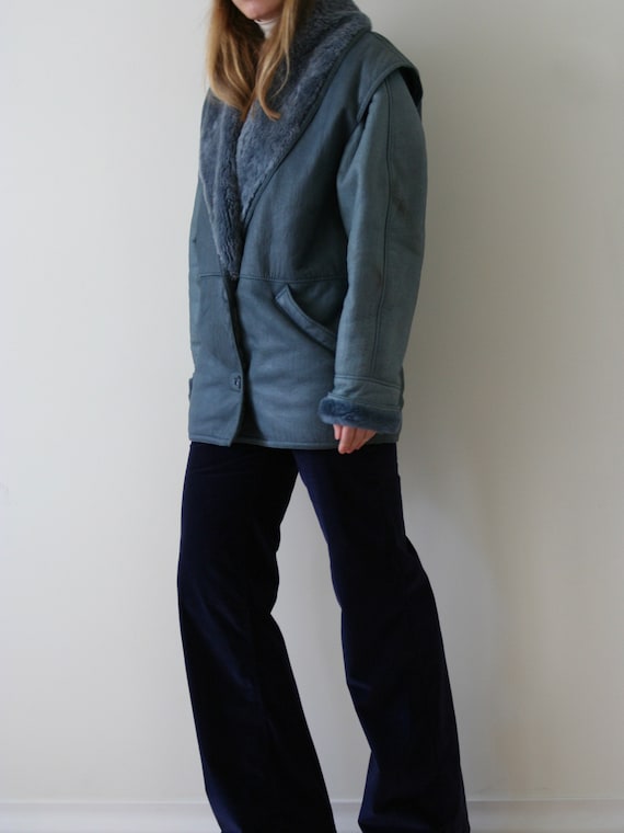 80s blue sheepskin coat/shearling coat vintage - image 2