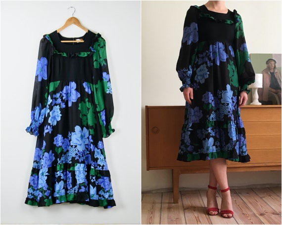 vintage floral puff sleeves dress with ruffles / c