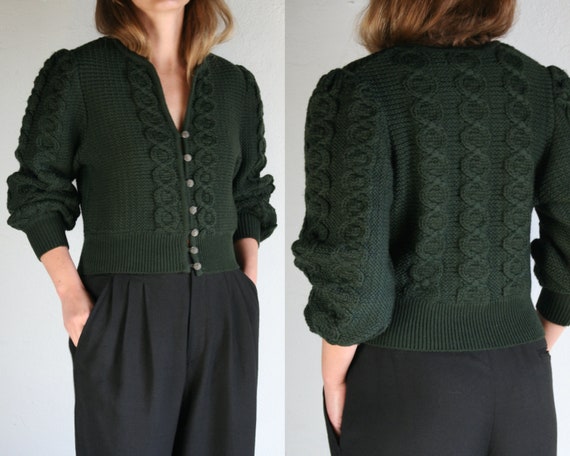 vintage puff sleeve cardigan wool/cable knit/women