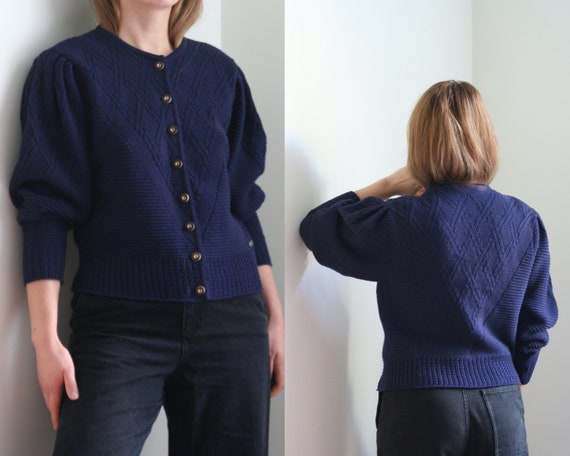 vintage puff sleeve cardigan wool/women/navy