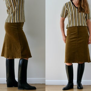 Vintage Beige Corduroy Midi Skirt/A-line/70s Style/Stretch Corduroy