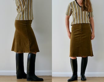 Vintage Beige Corduroy Midi Skirt/A-line/70s Style/Stretch Corduroy