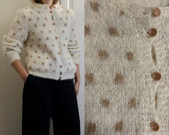 polka dot mohair cardigan/pockets/white wool hand-
