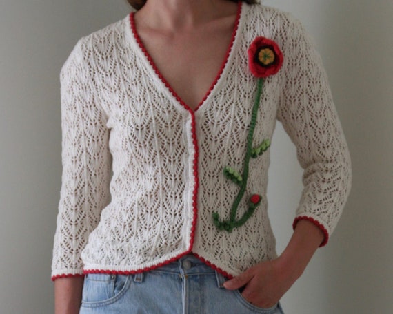 vintage white crochet cardigan women/puff sleeve/w