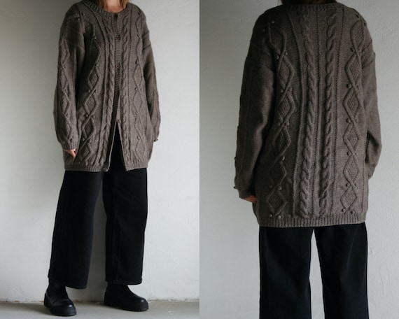 vintage cable knit cardigan long/wool brown