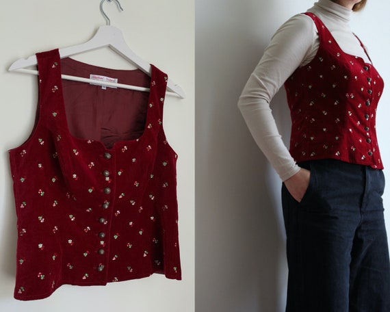Embroidered Velvet Vest/Red Tyrolean Buttoned Tail