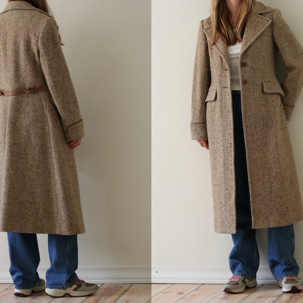 COACH beige maxi wool coat women/herringbone slim fit long coat