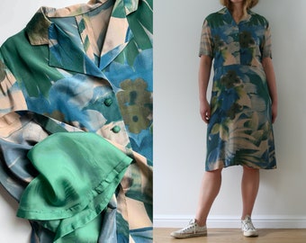 vintage silk floral camp-collar dress/green blue summer dress