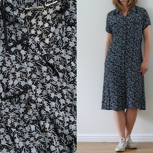 vintage floral camp collar midi dress/black blue summer dress/viscose