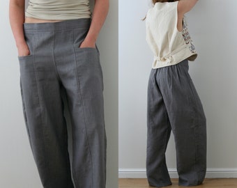 Gray Linen Wide-Leg Pants/Ribbon Waist/Vintage