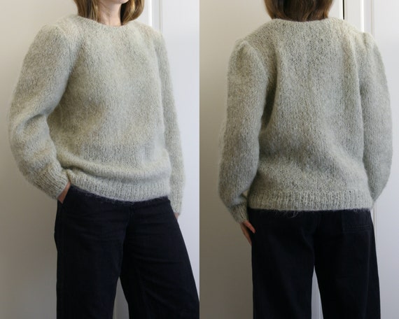 puff-sleeve mohair sweater/jade wool/hand-knit swe