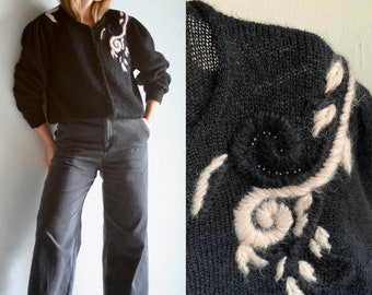 mohair puff sleeve embroidery cardigan/black/vintage