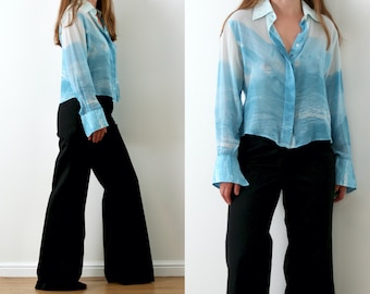 90er jahre blaue seidenbluse/kunstseide/vintage