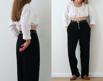 white cropped blouse cotton/crochet/puff sleeve/vintage