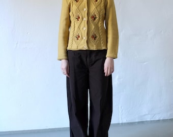Embroidered Mustard Yellow Wool Cardigan | Women