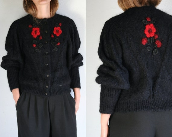 vintage puff sleeves mohair cardigan black women
