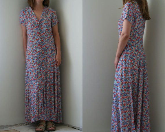 vintage maxi floral buttoned dress/viscose/vintage
