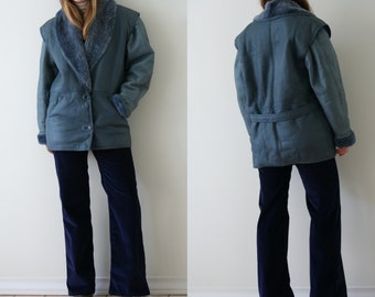 80s blue sheepskin coat/shearling coat vintage