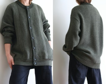 90s oversized crew neck cardigan/wool/green/unisex/vintage