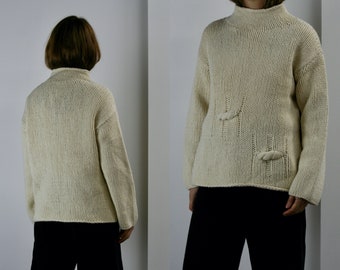 mock neck sweater women wool/thick knit/ecru cable knit sweater