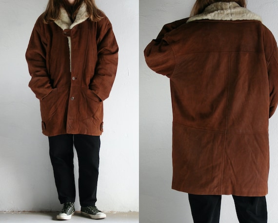 90s oversized leather overcoat/unisex/sheepskin co