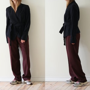 Navy Wool Blazer Women/Asymmetric/Pauw Studio/Double-Breasted/Pin-Stripe Wool