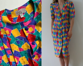 Vintage Seidenblumenkleid mit Lagerkragen / grünblaues Sommerkleid