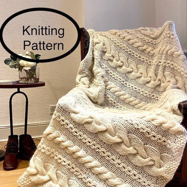 PDF knitting pattern. Hand knitted chunky blanket. Chunky cable bedspread, throw, bedcover knitting pattern.