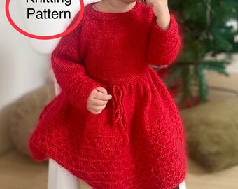 PDF KNITTING pattern in English only.Little Scarlet Dress.Sizes:6month-3 years.Seamless,knitted top down.Easy instructions