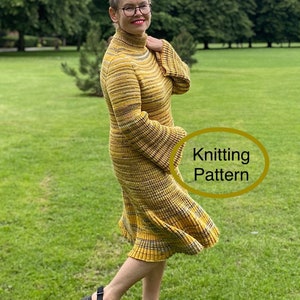 PDF knitting pattern M size only.Stripy Surprise Dress.Seamless,knitted top down contiguous with set in sleeves.Two options for sleeve edge.
