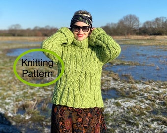 PDF knitting pattern only.Play With Cables pullover.Long,rolled sleeves,dropped shoulder,rolled neck chunky sweater for women.