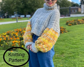 PDF knitting pattern in English only.Oversized Crop Pullover with puff colourful sleeves.Beginner knitting pattern.Easy instructions,chart.