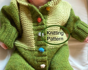 PDF knitting pattern in English only.Hand knitted romper for baby 1-3month.Romper with hood,unroled cuffs and legs.Outdoor outfit for baby.
