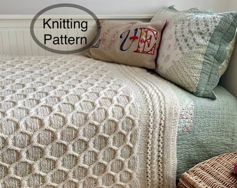 PDF knitting pattern in English ONLY.Cabled Trellis Blanket.Hand knitted blanket,bedspread,throw.Charts and written instructions.