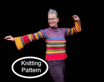 PDF-breipatroon alleen in het Engels. Handgebreide trui met kleurvlakken, pullover. Bell, uitlopende mouwen
