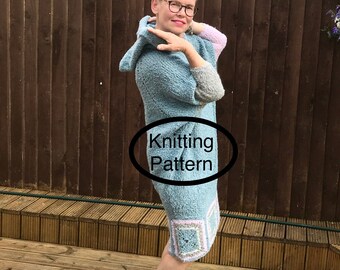 PDF KNITTING pattern.The Moody Hoody Dress knitting pattern.Oversized Hoody dress for any age.Seamles,knitted top down.