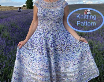 PDF KNITTING pattern.The Lavender Field Dress knitting pattern.Sizes S, M, L.Outfit for any occasion.Knitted top down,seamless.