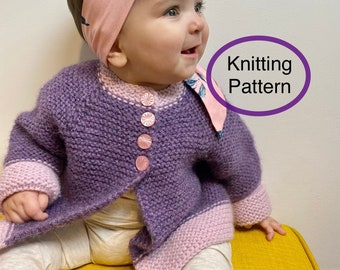 PDF KNITTING pattern only.Grow with me Jacket for baby/toddler hand knitted top down.Easy to follow chart and instructions.Unrolled cuffs.