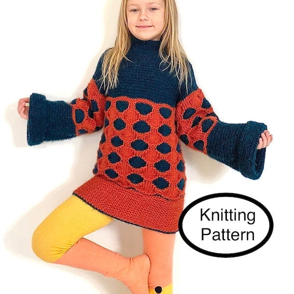PDF knitting pattern only.Knitted tunic honeycomb pattern for girl min 5 sizes.Multicolour hand knitted tunic knitting pattern for girl.