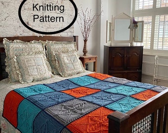 PDF-breipatroon alleen in het Engels. Afghaans kabelpatchwork. Handgebreide vierkante motieven, aan elkaar gehaakt. Oma vierkante deken.