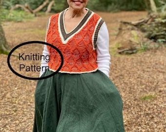 PDF knitting pattern in English only.Mosaic Crop Vest knitting pattern.S/M size.Cable,slip stitch pattern.Crop,textured vest